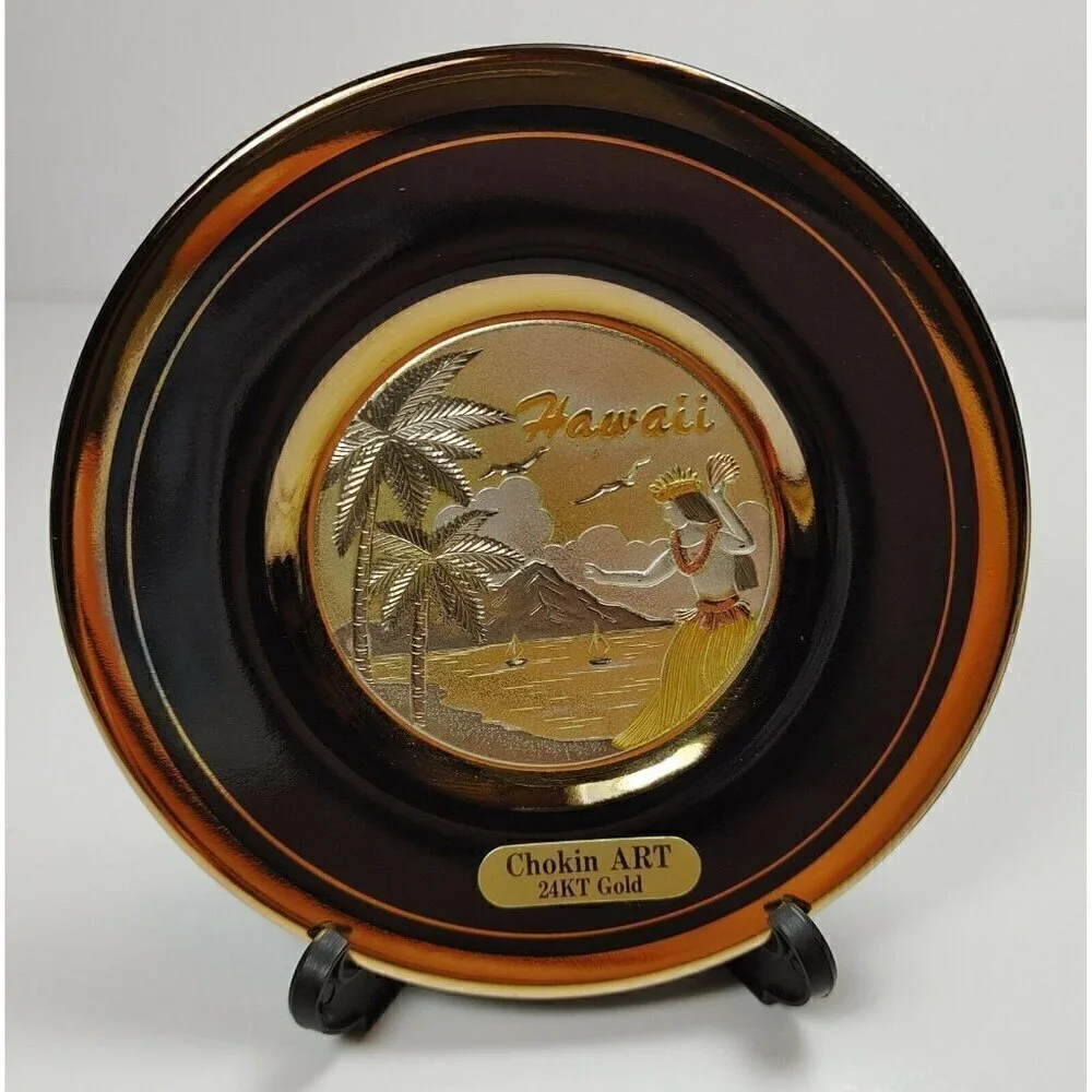 Chokin Hawaii Art Etched 24 KT Black Gold Rim Art And Deco Ornamental Plate VTG